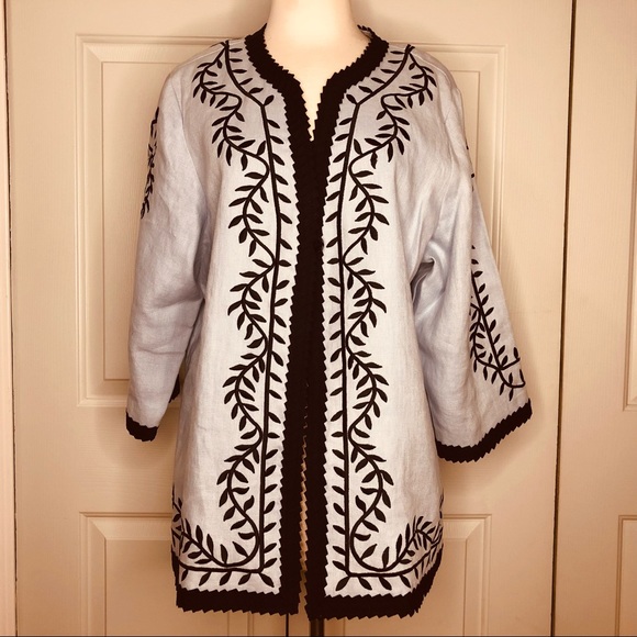 Linea Louis Dell’ Olio 💯 Linen Embroidered Lined Jacket Top Size 1X Blue… - Picture 11 of 14
